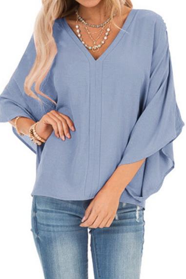 Creamtopmall Pure Colour Loose V-neck Bat Sleeve Casual T-shirt