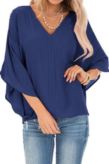 Creamtopmall Pure Colour Loose V-neck Bat Sleeve Casual T-shirt