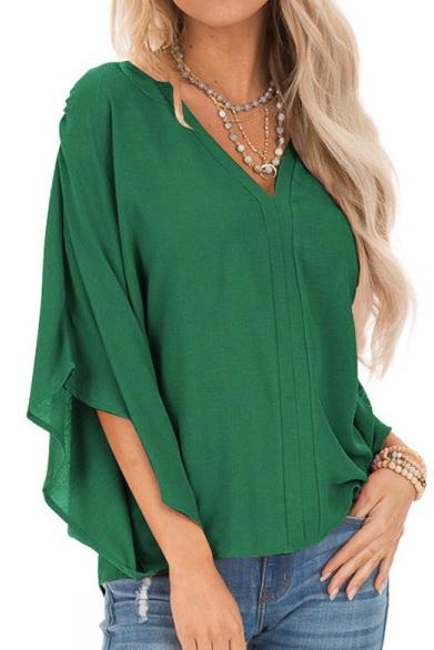 Creamtopmall Pure Colour Loose V-neck Bat Sleeve Casual T-shirt