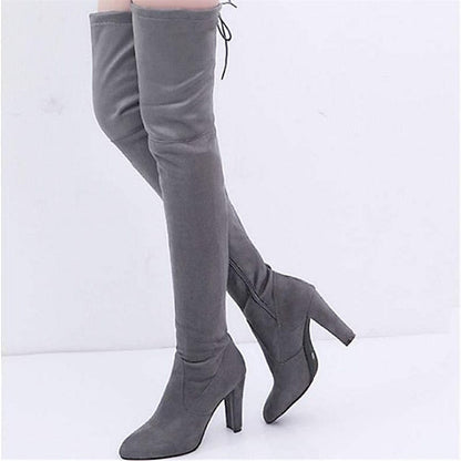 creamtopmall Autumn Boots  Women's Boots Plus Size Heel Boots Daily Over The Knee Boots Crotch High Boots Winter Lace-up Chunky Heel Pointed Toe Sweet Suede Loafer Solid Colored Black Red Gray