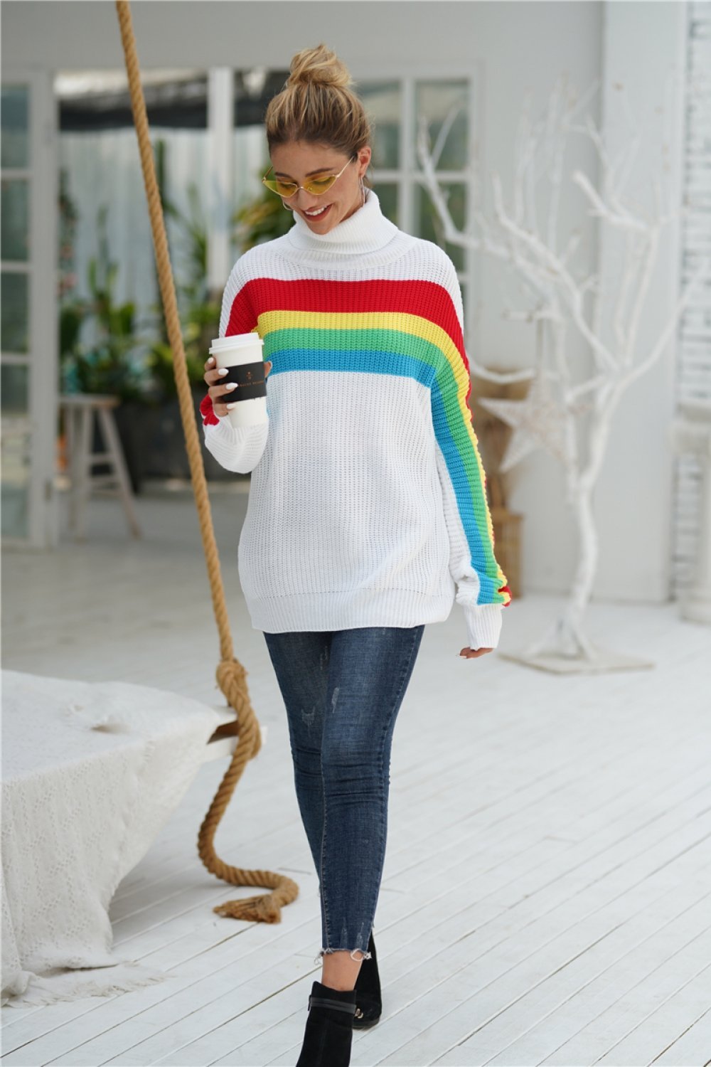 Creamtopmall Rainbow Round Neck Loose Sweater