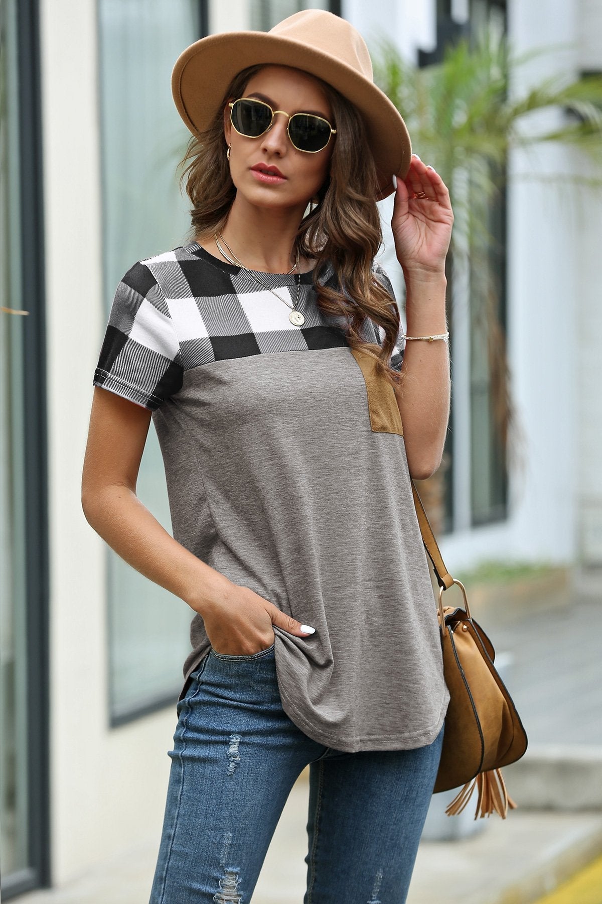 Creamtopmall Restore Round Neck Plaid T-shirt