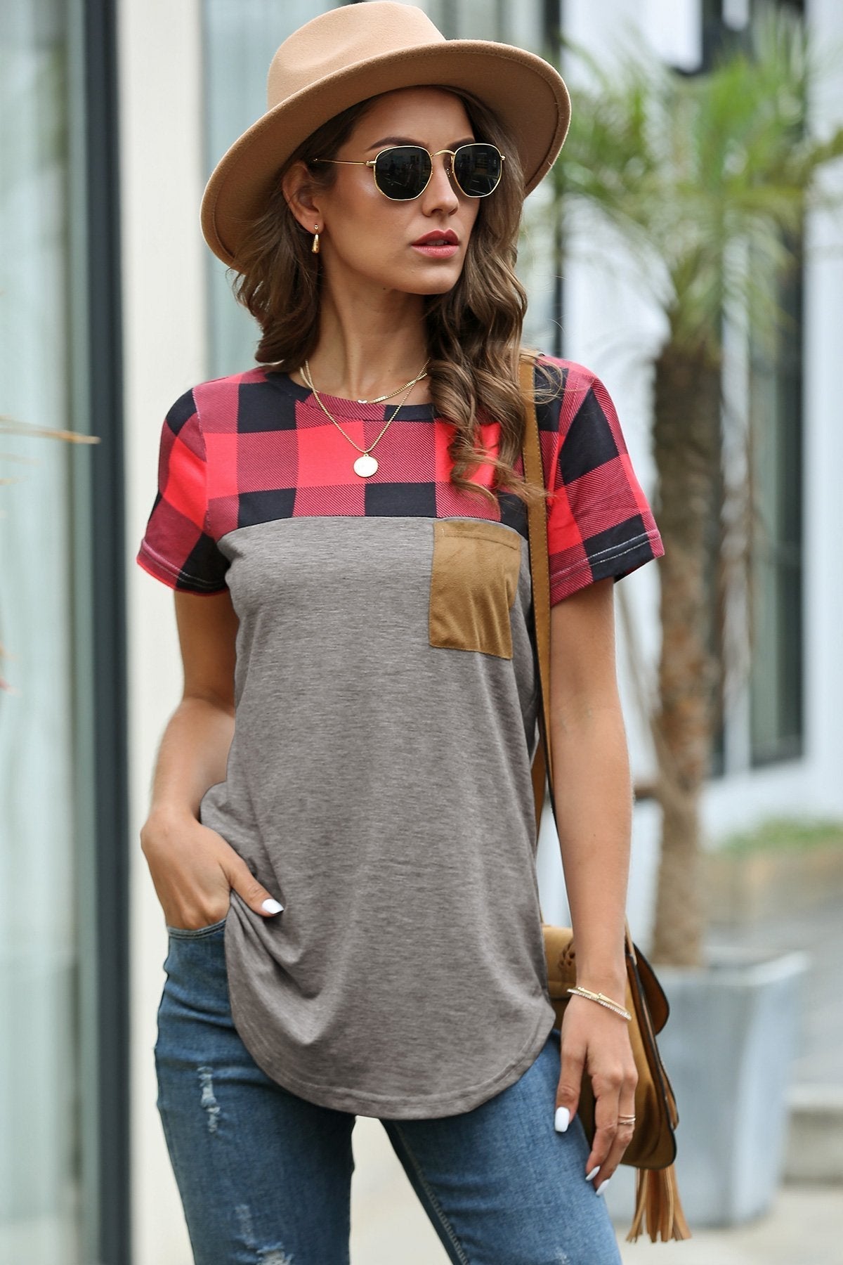 Creamtopmall Restore Round Neck Plaid T-shirt