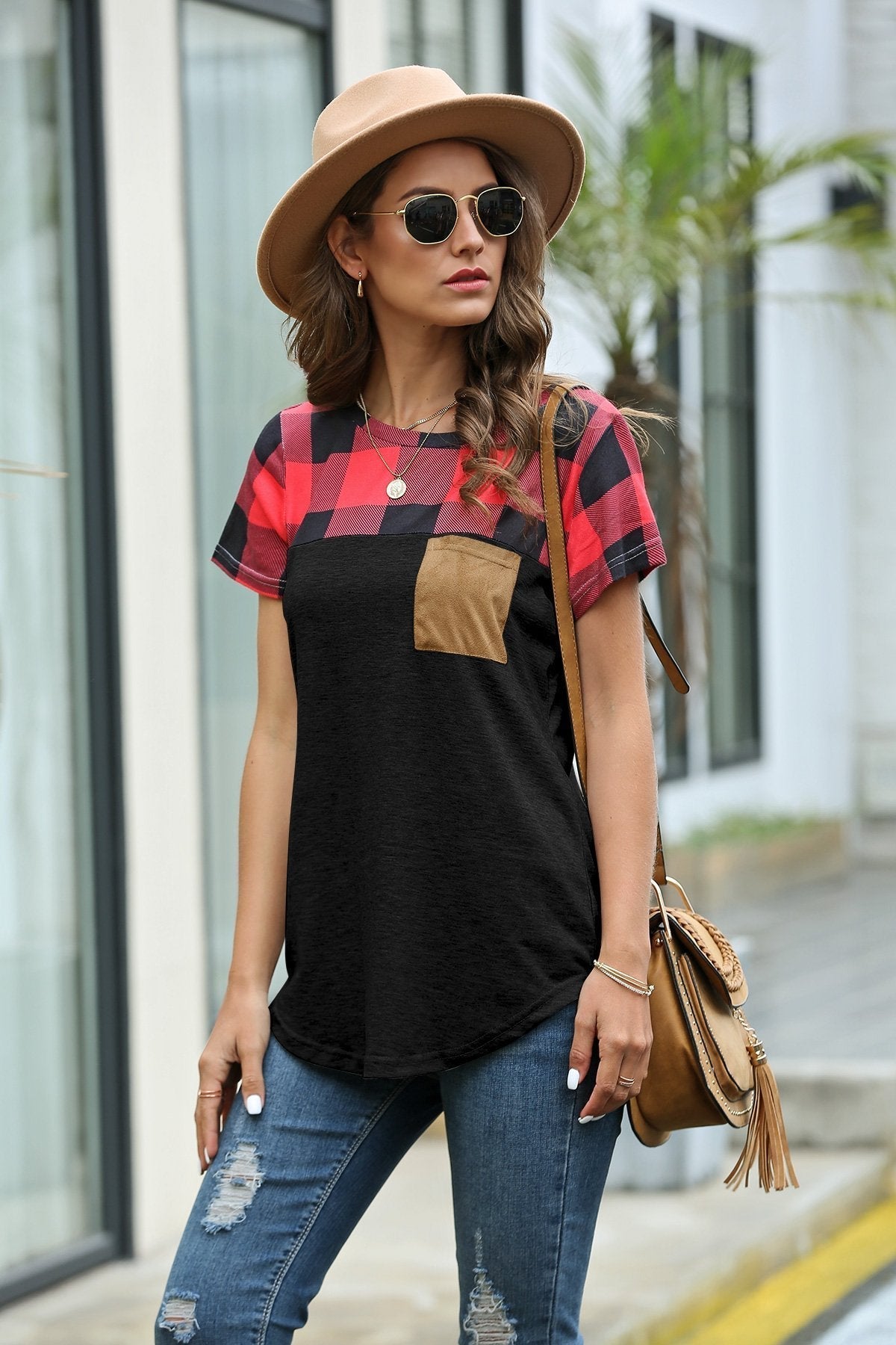 Creamtopmall Restore Round Neck Plaid T-shirt