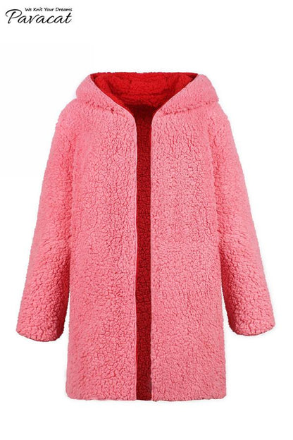 Creamtopmall Reversible Faux Lambswool Thick Jacket - Pink/Red