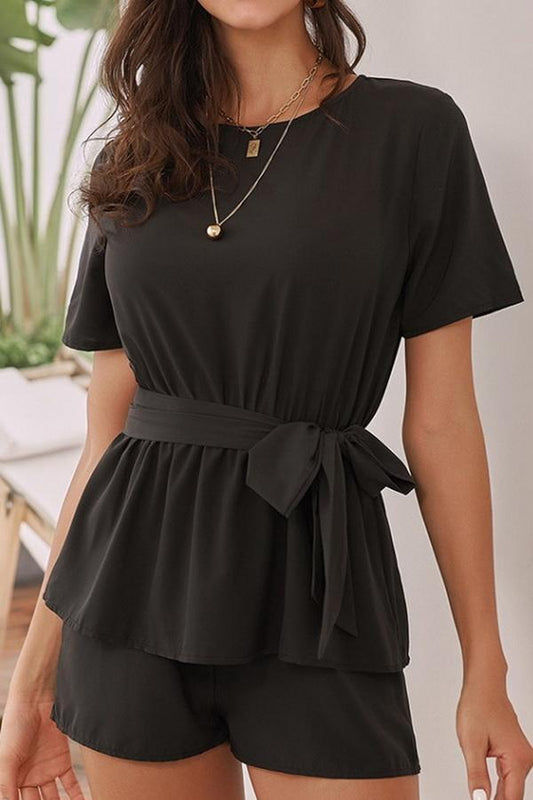 creamtopmall Round Collar Short Sleeve High Waist Tie Jumpsuit