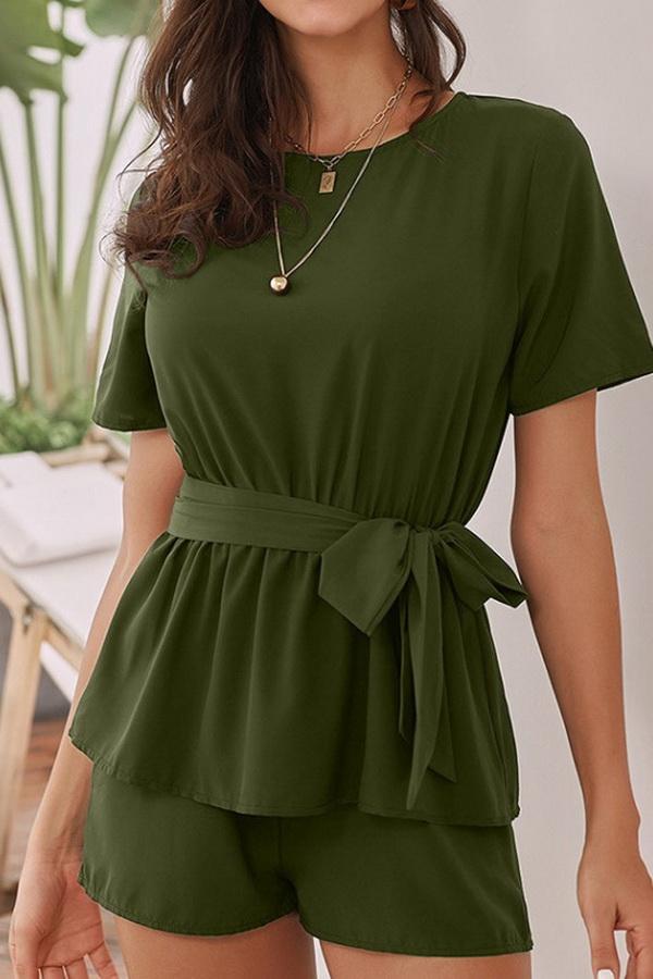 creamtopmall Round Collar Short Sleeve High Waist Tie Jumpsuit