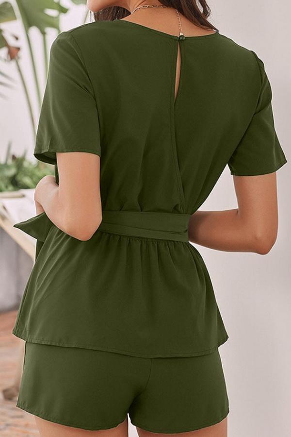 creamtopmall Round Collar Short Sleeve High Waist Tie Jumpsuit