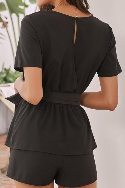 creamtopmall Round Collar Short Sleeve High Waist Tie Jumpsuit