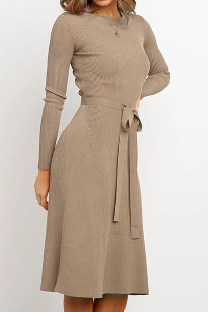 Creamtopmall Round Neck Belt Long-sleeved Dress