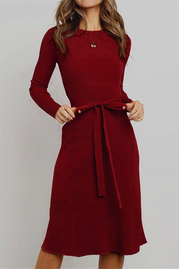 Creamtopmall Round Neck Belt Long-sleeved Dress