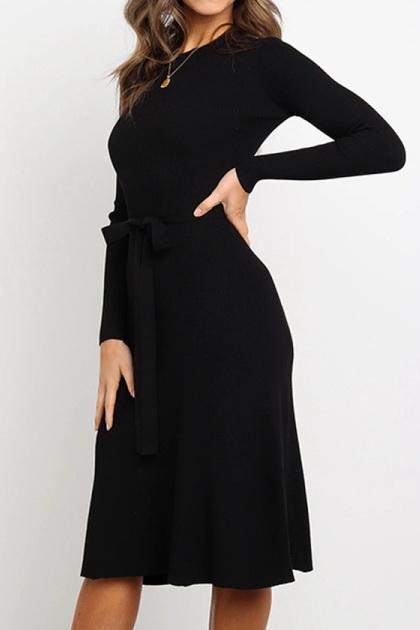 Creamtopmall Round Neck Belt Long-sleeved Dress