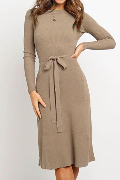 Creamtopmall Round Neck Belt Long-sleeved Dress