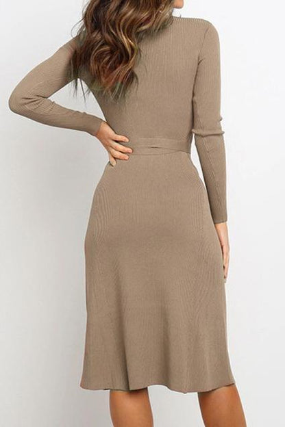 Creamtopmall Round Neck Belt Long-sleeved Dress