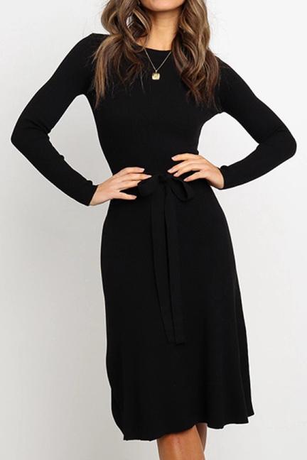 Creamtopmall Round Neck Belt Long-sleeved Dress