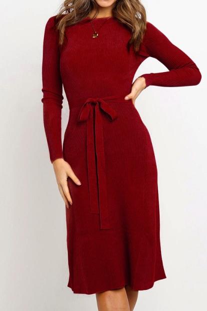 Creamtopmall Round Neck Belt Long-sleeved Dress