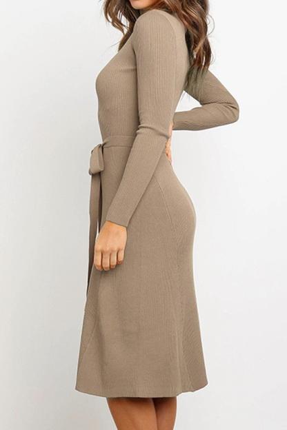 Creamtopmall Round Neck Belt Long-sleeved Dress