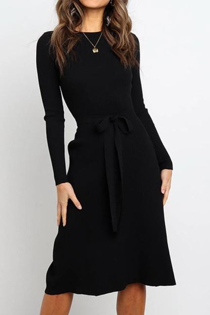 Creamtopmall Round Neck Belt Long-sleeved Dress