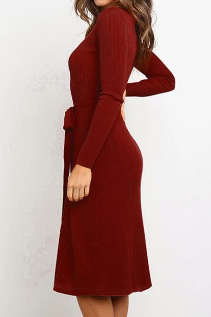 Creamtopmall Round Neck Belt Long-sleeved Dress