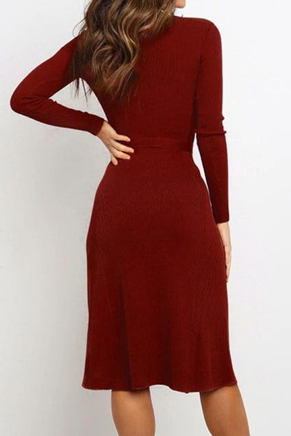 Creamtopmall Round Neck Belt Long-sleeved Dress