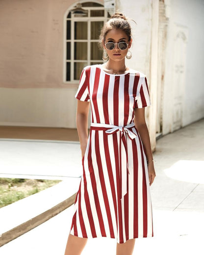 Creamtopmall Round Neck Belt Striped Mid Dress