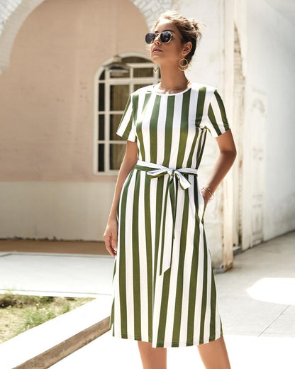 Creamtopmall Round Neck Belt Striped Mid Dress