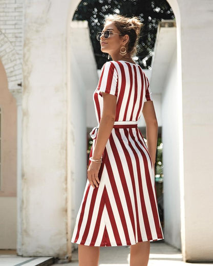 Creamtopmall Round Neck Belt Striped Mid Dress