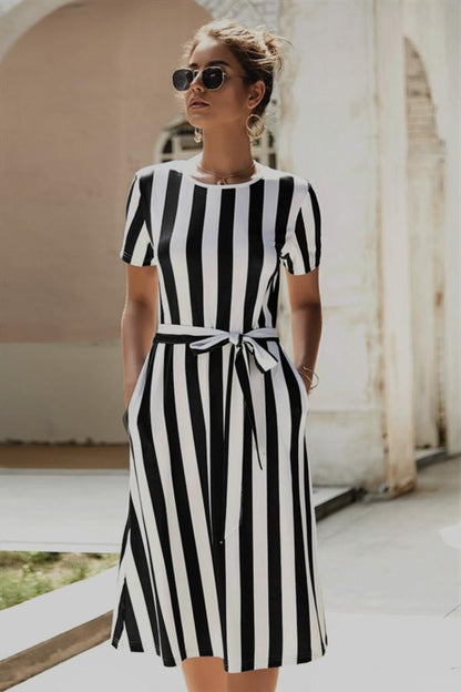 Creamtopmall Round Neck Belt Striped Mid Dress