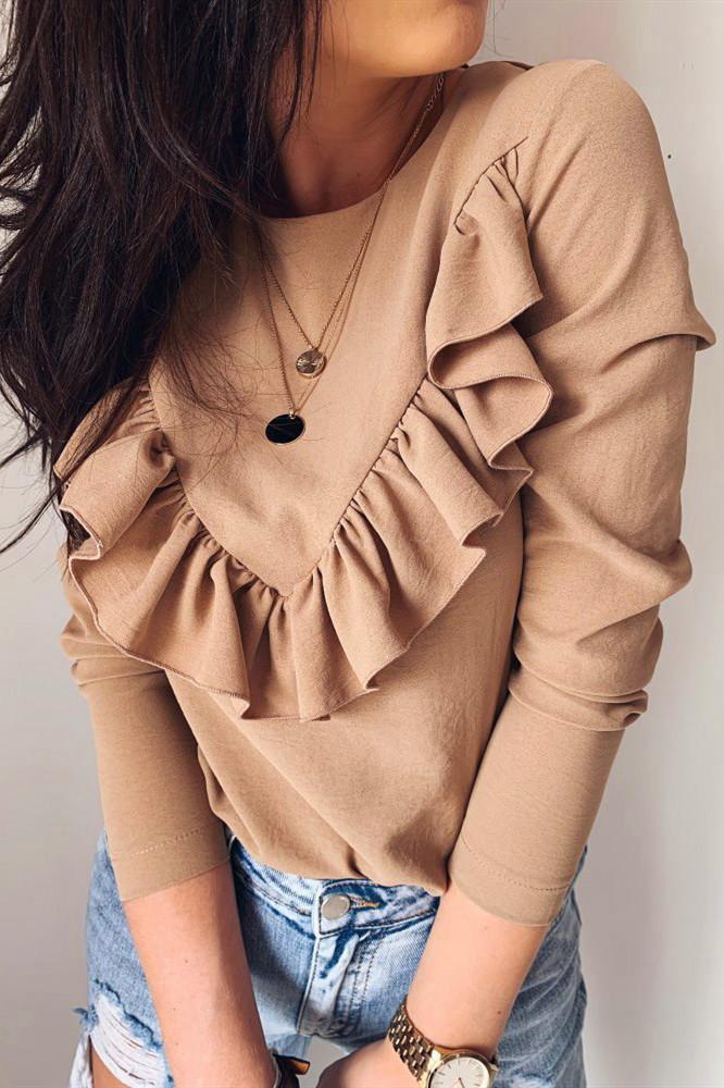 Creamtopmall Ruffle Round Neck Long Sleeve Top