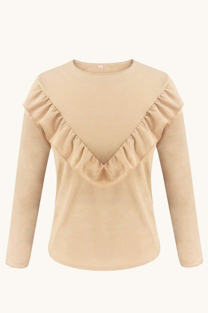 Creamtopmall Ruffle Round Neck Long Sleeve Top