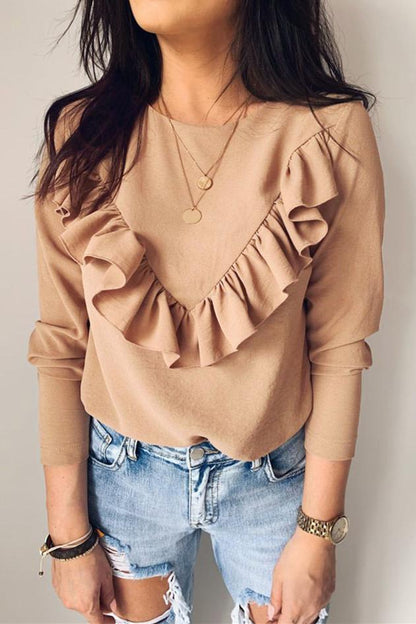 Creamtopmall Ruffle Round Neck Long Sleeve Top