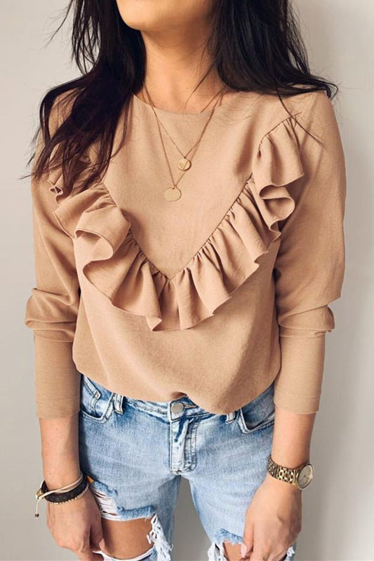 Creamtopmall Ruffle Round Neck Long Sleeve Top