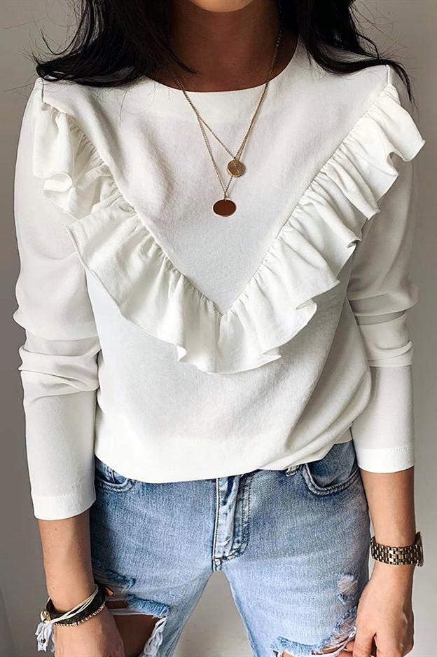 Creamtopmall Ruffle Round Neck Long Sleeve Top