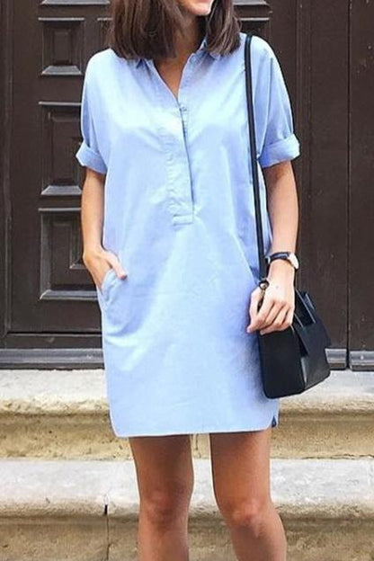 Creamtopmall Short Sleeve Buttons Denim Dress