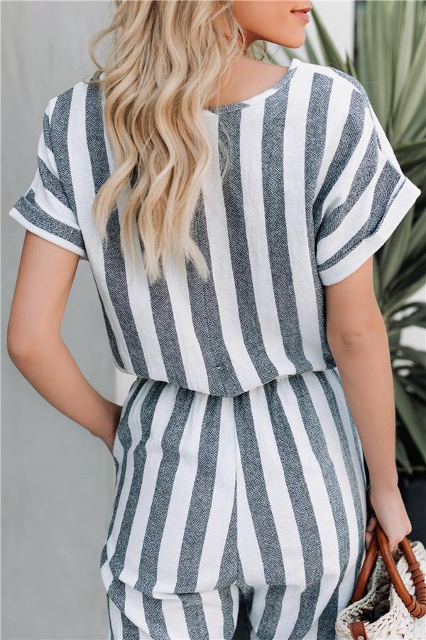 creamtopmall Short Sleeve Striped Wide Leg Jumpsuit