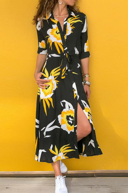 Creamtopmall Single Breasted Long-sleeved Chiffon Print Dress