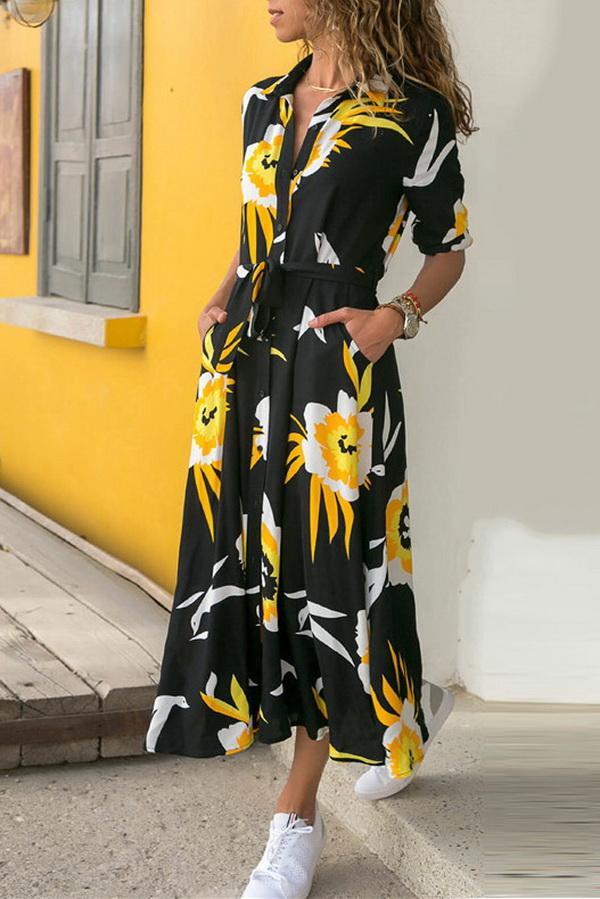 Creamtopmall Single Breasted Long-sleeved Chiffon Print Dress