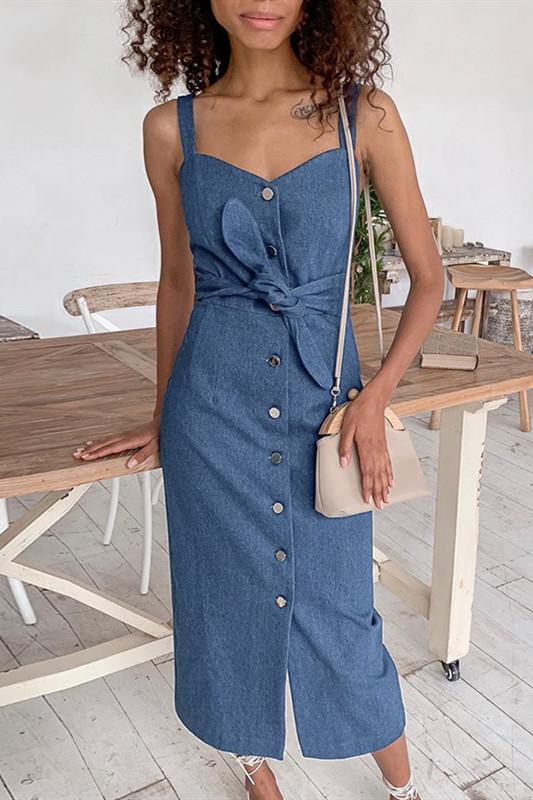 Creamtopmall Sleeveless Button Long Denim Dress