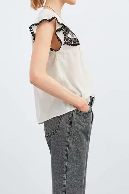 Creamtopmall Sommer Ruffle Embroidery Blouse