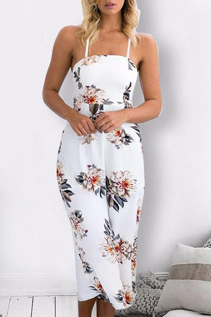 creamtopmall Spaghetti Strap Sleeveless Loose Floral Jumpsuit