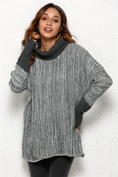 Creamtopmall Spliced Turtleneck Loose Pullover Sweater - Black