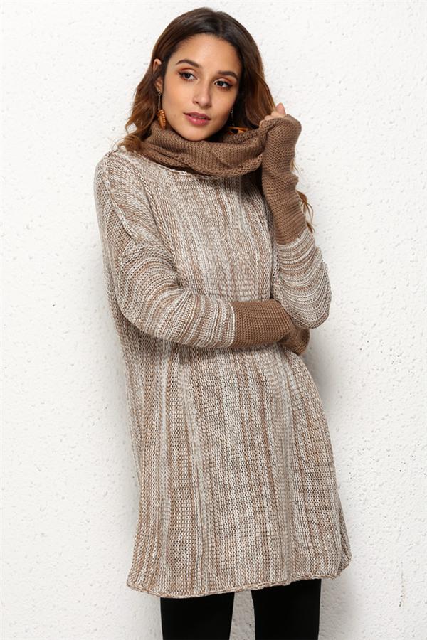 Creamtopmall Spliced Turtleneck Loose Pullover Sweater - Brown