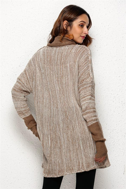 Creamtopmall Spliced Turtleneck Loose Pullover Sweater - Brown