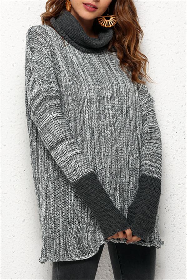 Creamtopmall Spliced Turtleneck Loose Pullover Sweater - Black