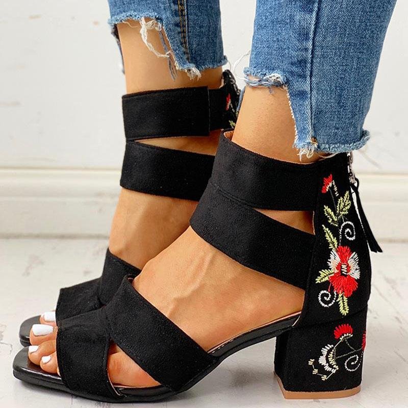 Creamtopmall Square Heel Open Toe Embroider Sandals