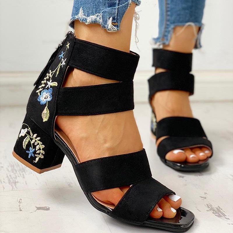 Creamtopmall Square Heel Open Toe Embroider Sandals