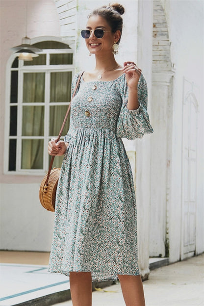 Creamtopmall Square Neck Lantern Sleeve Mid Dress