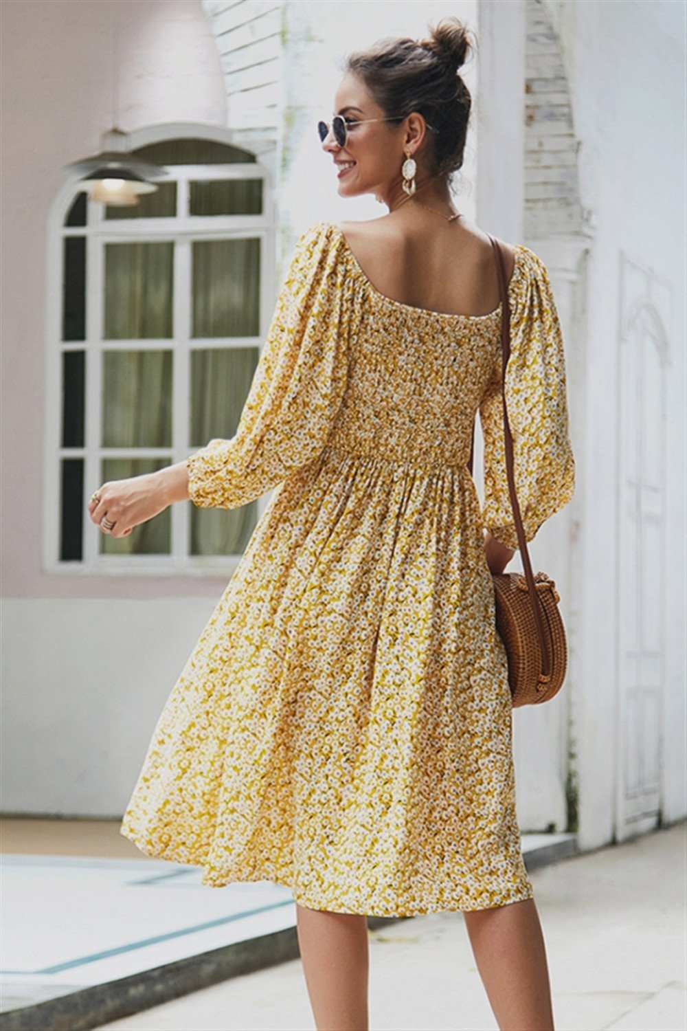 Creamtopmall Square Neck Lantern Sleeve Mid Dress