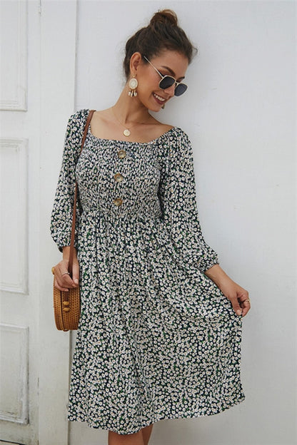 Creamtopmall Square Neck Lantern Sleeve Mid Dress