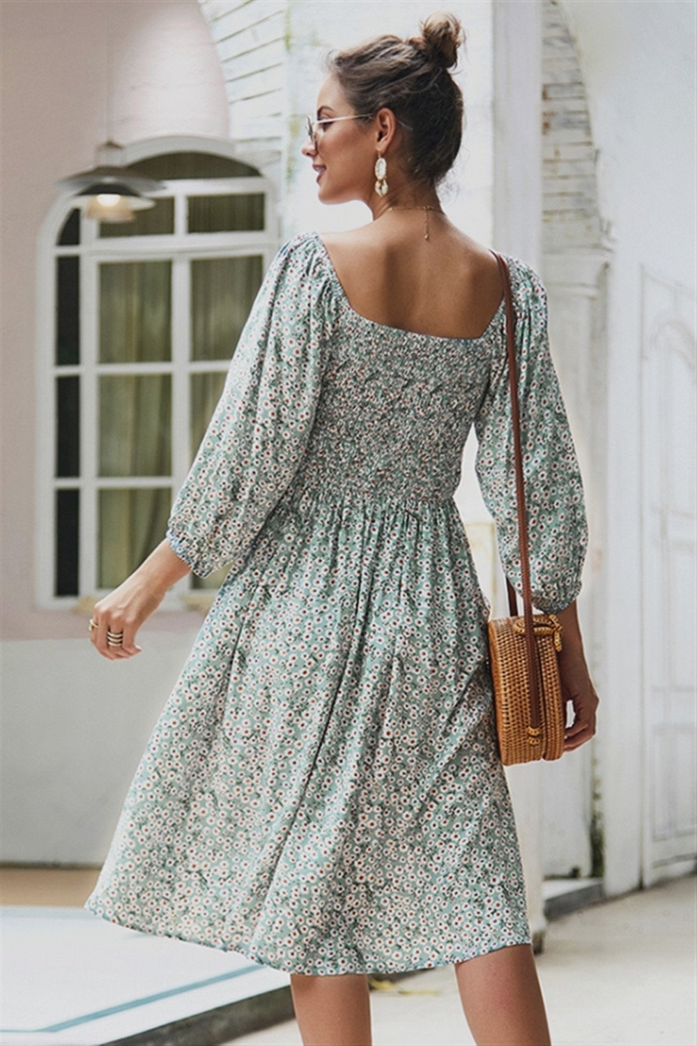 Creamtopmall Square Neck Lantern Sleeve Mid Dress